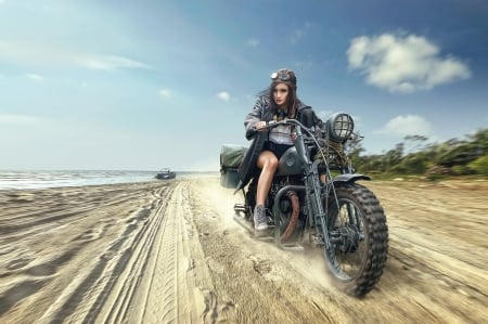 On the beach - beach, girl, summer, sand, motorcycle, fantasy