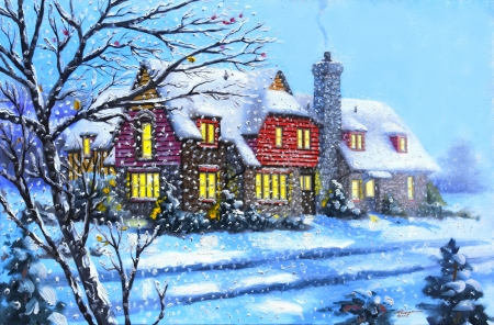 Winter house - cottage, snowfall, peaceful, winter, snowflakes, panting, village, art, snow, beautiful, frost, house