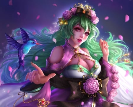 Fantasy girl - bird, colibri, renaillusion, flower, pink, kougin tsubatome, fantasy, wreath, green, bow, hummingbird, luminos