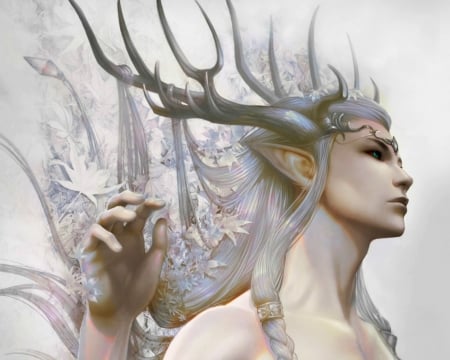 Pearlescent white - fantasy, cashile, man, art, luminos, horns