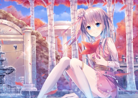 Girl - sakakidani, pink, leaf, anime, girl, blue, manga