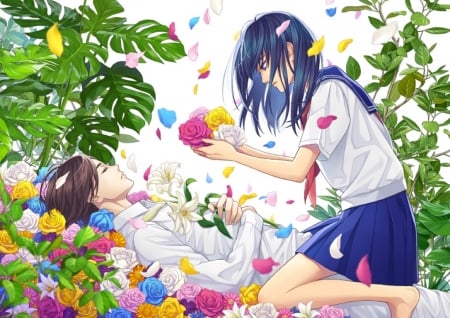 Wake up, my love! - minami, girl, couple, sleep, petals, anime, green, flower, manga