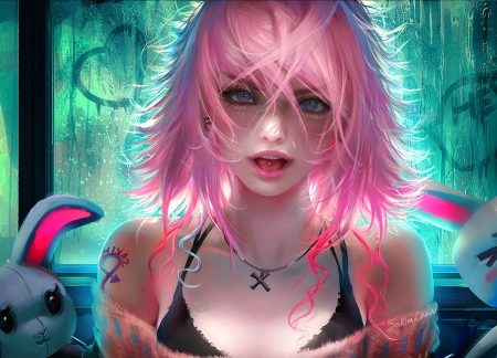 Pinku - fantasy, blue, girl, sakimichan, pink, bunny, luminos