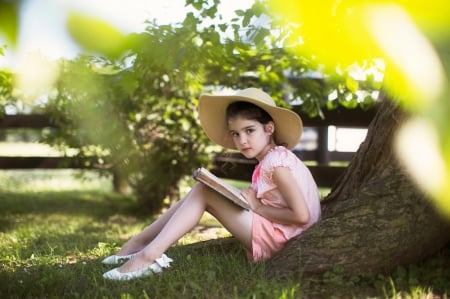 little girl - princess, people, hair, belle, book, sightly, white, face, childhood, fair, little, bonny, adorable, set, wallpaper, child, beautiful, pink, leaves, sweet, feet, nice, beauty, hat, photography, read, pretty, baby, green, tree, cute, kid, girl, dainty, lovely, pure, comely, desktopnexus, blonde