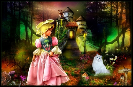 Little girl - girl, fantasy, colors, cat