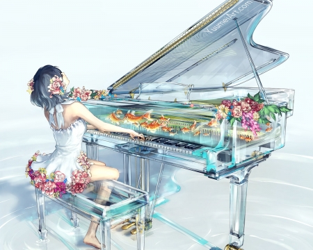 Piano sonata - yuumei, girl, instrument, white, piano, blue, anime, wenqing yan, manga