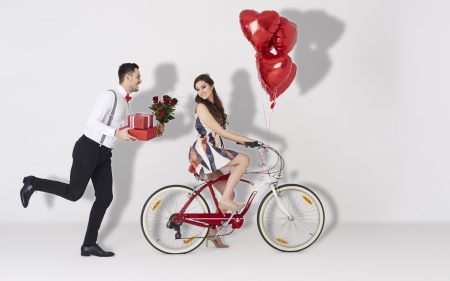 Happy Valentine's Day! - heart, balloon, girl, man, funny, red, valentine, situation, couple, bycicle