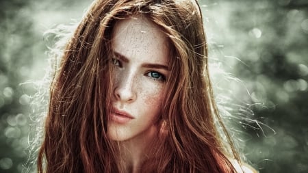 Beauty - woman, face, redhead, girl, green, freckles, model