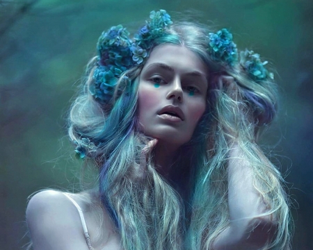 Beauty - tale, blue, girl, flower, wreath, woman, model, agnieszka lorek, face