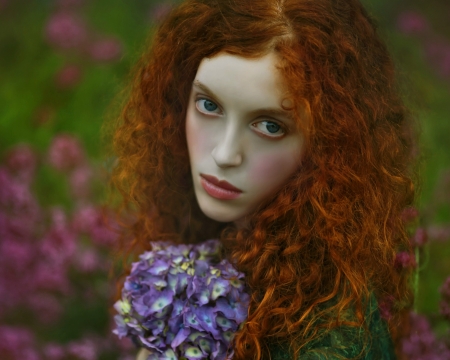 Beauty - woman, agnieszka lorek, redhead, girl, tale, hydrangea, model, purple, flower