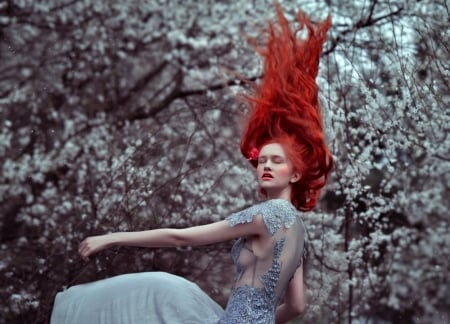 Beauty - blossom, girl, spring, flower, white, redhead, woman, model, agnieszka lorek