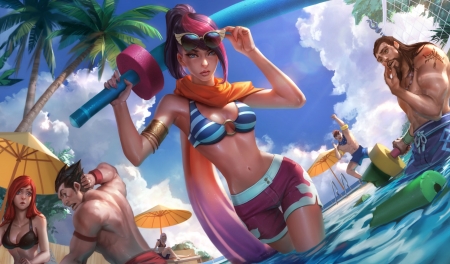 Katarina - katarina, game, league of legends, summer, people, blue, girl, sea, pink, orange, man, chengwei pan, fantasy