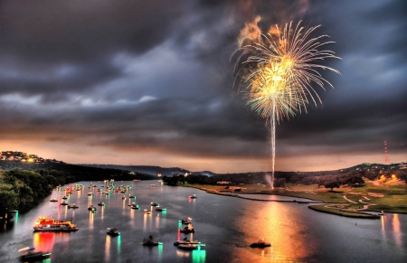 fireworks - fun, nature, lake, cool, fireworks