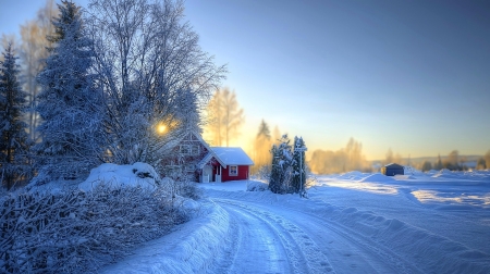 Wunter Sunset - trees, landscape, snow, cabin, road