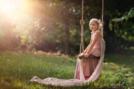 little girl - princess, people, hair, sunset, belle, sightly, white, face, childhood, fair, grass, little, bonny, adorable, wallpaper, child, set, beautiful, pink, sweet, nice, beauty, photography, pretty, baby, swing, green, tree, cute, kid, dainty, girl, lovely, pure, comely, desktopnexus, blonde