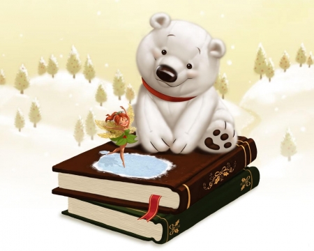 Polar bear and fairy - fantasy, winter, cub, book, cute, polar bear, fairy