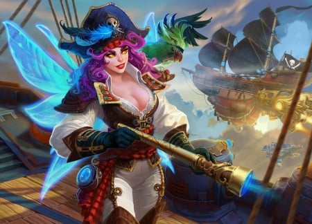 Harbor - hat, game, blue, ship, girl, k pirate, fantasy, wings, fairy, any-s-kill, luminos