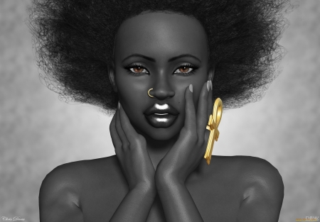 Girl - draw, girl, black, fantasy, white, hand, rendering, bw, face, golden, art