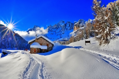 Winter Landscape - nature, landscape, trees, winter, mountains, house, sunset, road