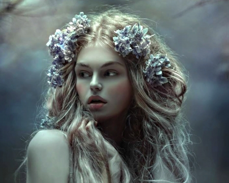 Beauty - woman, agnieszka lorek, girl, tale, wreath, model, face, blue, flower, blonde