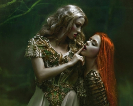 Silence - woman, agnieszka lorek, redhead, couple, girl, green, model