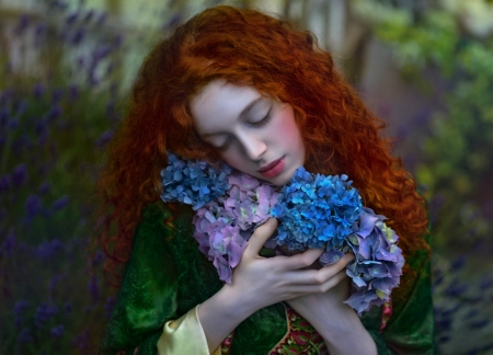 Beauty - woman, agnieszka lorek, redhead, tale, girl, hydrangea, model, hand, blue, green, flower