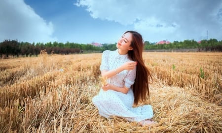 Asian Cowgirl.. - women, fun, female, fashion, models, brunettes, western, girls, cowgirl, style, outdoors, hay, ranch, Asian, field