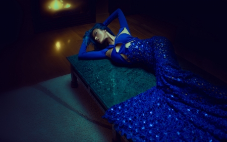 Girl - sofa, blue, woman, green, model, dress, girl, crystal louey