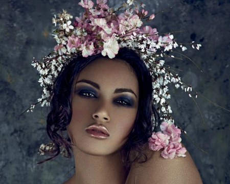 Beauty - grey, wreath, woman, model, girl, face, flower, pink