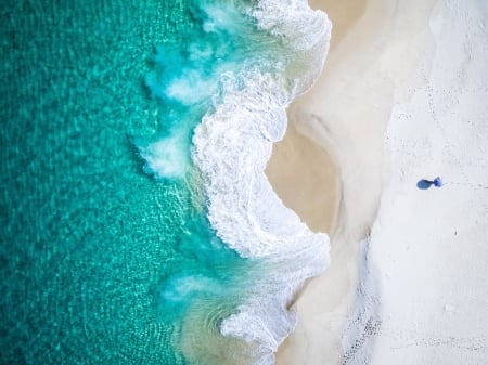 View form the top - summer, water, view from the top, beach, ocean, blue, sand, white, wave, texture