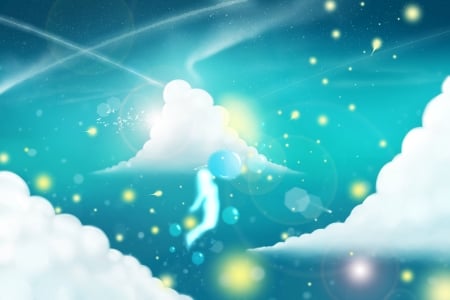 Dreaming - vurgunchu, anime, blue, girl, dream, manga, white, cloud, luminos, sky