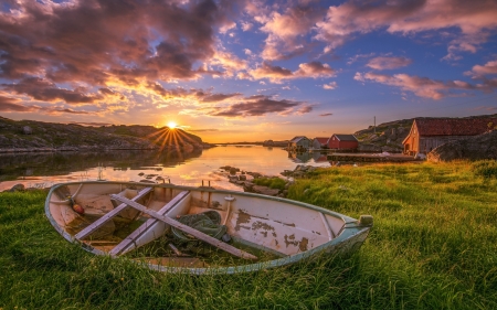 Norway - sky, houses, sun, shore, sunset, bay, rocks, coast, nature, norway, clouds, splendor, grass, sea, boat