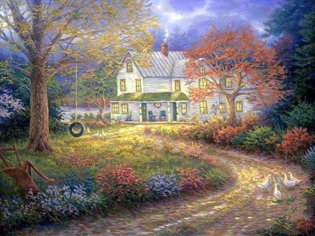 Mid Country Farmhouse - flowers, house, attractions in dreams, summer, paintings, garden, love four seasons, farms