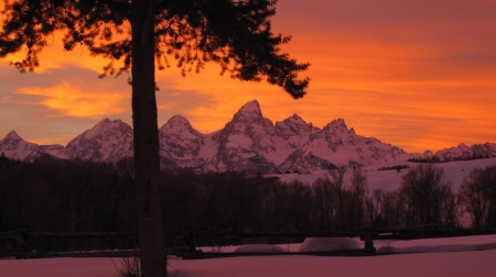 Teton Range, Wyoming - usa, clouds, colors, mountains, tree, sky