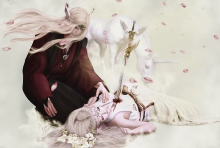 Alone - sword, pink, wind, elf, girl, fantasy, luminos, couple, guy, woman, injured, man