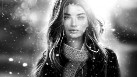 Beauty - bokeh, winter, snow, girl, black, fantasy, white, woman, rendering, bw, face, luminos