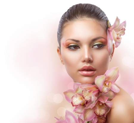 Beauty - woman, model, girl, orchid, face, flower, pink, anna subbotina