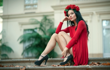 Beauty - wreath, woman, red, model, girl, flower, ella green, stilettos