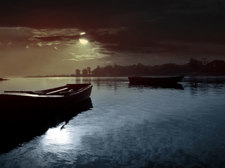 Sailboat  at Moonlight Night - moon, nature, lake, clouds, light, night, boat