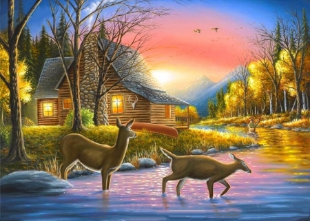 Rivers Crossing - summer, attractions in dreams, rivers, paintings, nostalgia, nature, deer, cabins, landscapes, love four seasons