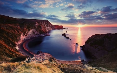 Ocean Sunset - clouds, coast, beach, landscape, ocean, shore, sunset, nature, cliffs, sky