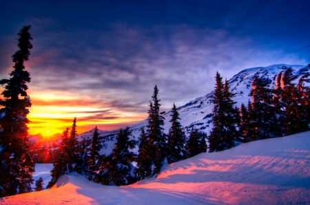 Winter Sunset - sky, mountains, winter, landscape, trees, sunset, nature, snow