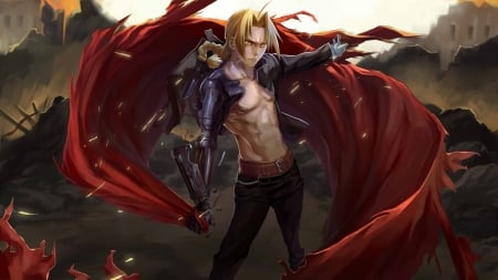 Young Fighter - anime, man, art, red