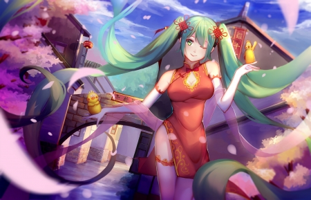 Hatsune Miku - red, vocaloid, anime, year, girl, blue, pekakiu, manga, new, hatsune miku, green