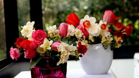 Mixed Flowers and Vases - roses, tulips, flowers, freesia, vases, daffodils, nature