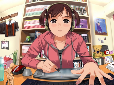 Using the Computer - school uniform, headphones, blushing, books, computer, anime girl