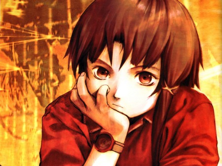 Lain - catman78, girl, red shirt, light brown eyes, lain serial experiments, brown hair, lain, lain iwakura, anime, sweet, watch, cute