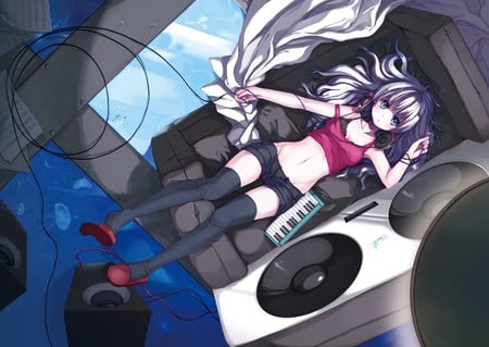 Caught Lazying Around - keyboard, blushing, headphones, anime girl, sofa, speakers