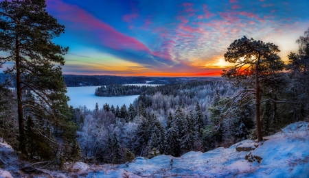 - 25 Celsius - north, lake, sky, landscape, trees, winter, sunset, view, forest, cold, frost, snow, river, beautiful, frozen