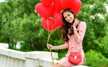 :) - parapet, dress, girl, pink, bag, greens, smile, red, balloons, hairstyle, makeup, brown-haired, hearts, park